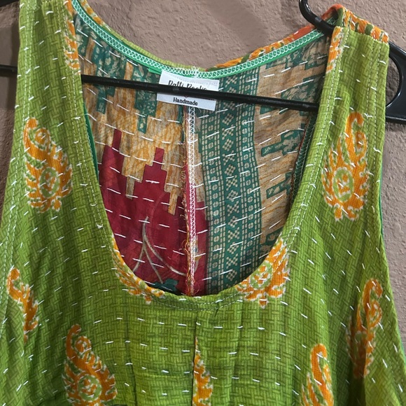 Green Sleeveless Maxi Dress with Floral Accents. Upscale with Kantha material - Picture 2 of 3